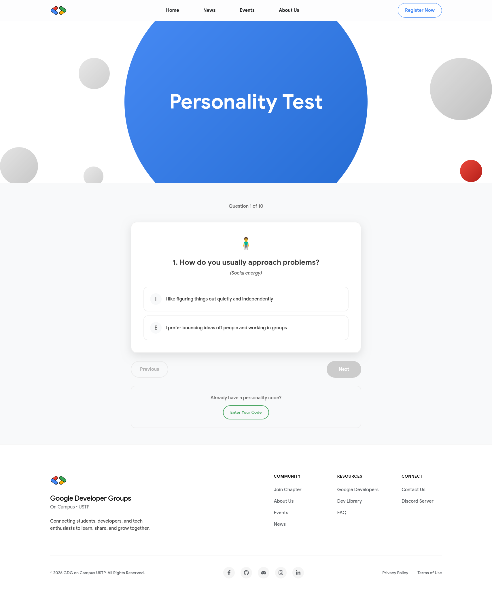 GDG personality test flow used at booth for engagement