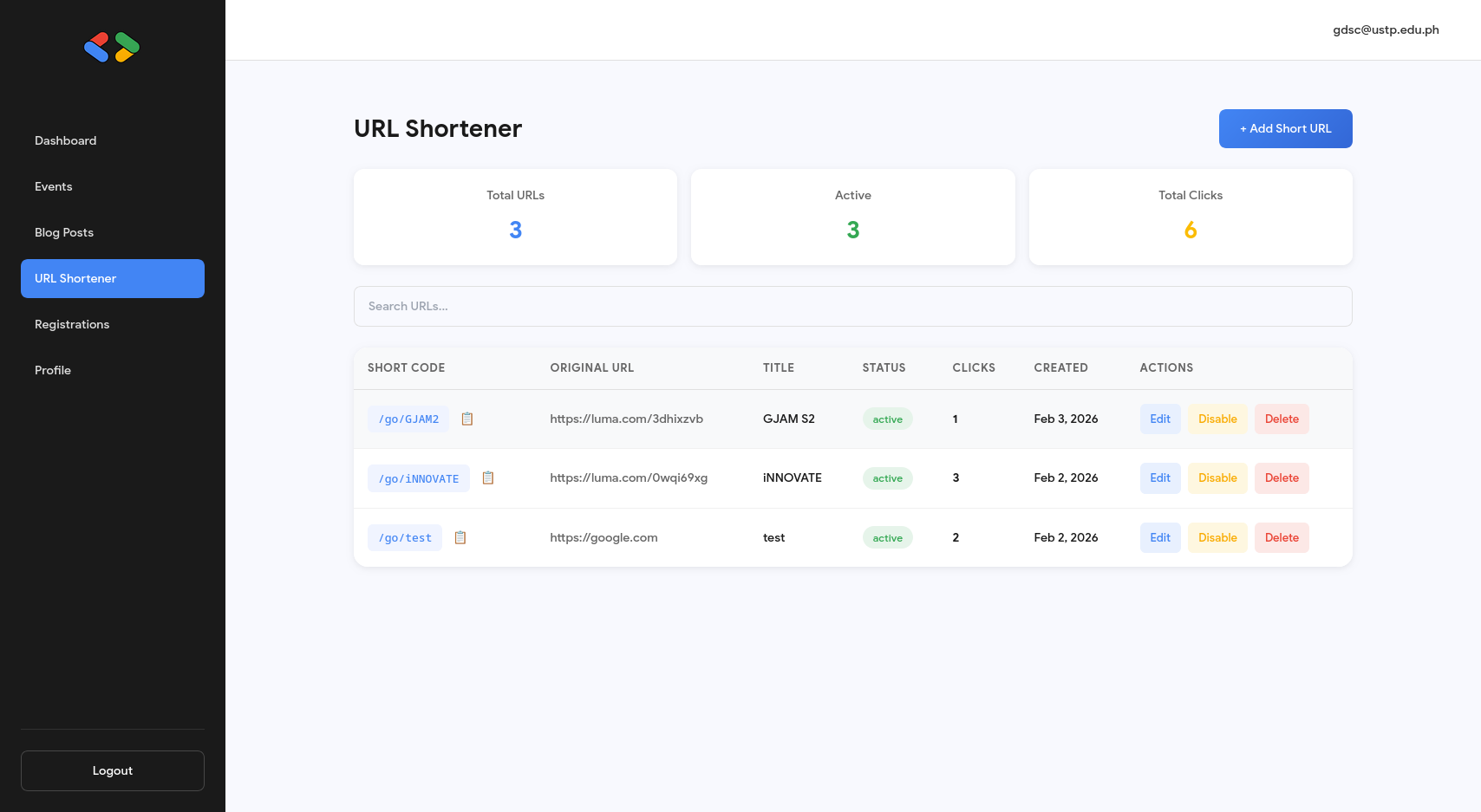 GDG admin dashboard URL shortener page